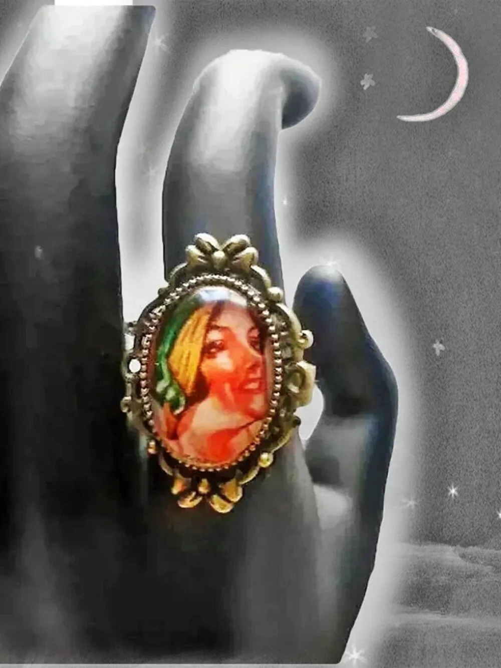 Flapper Ring Funky Artisan Jewelry with Adjustable Band - Bohemian Portrait Art